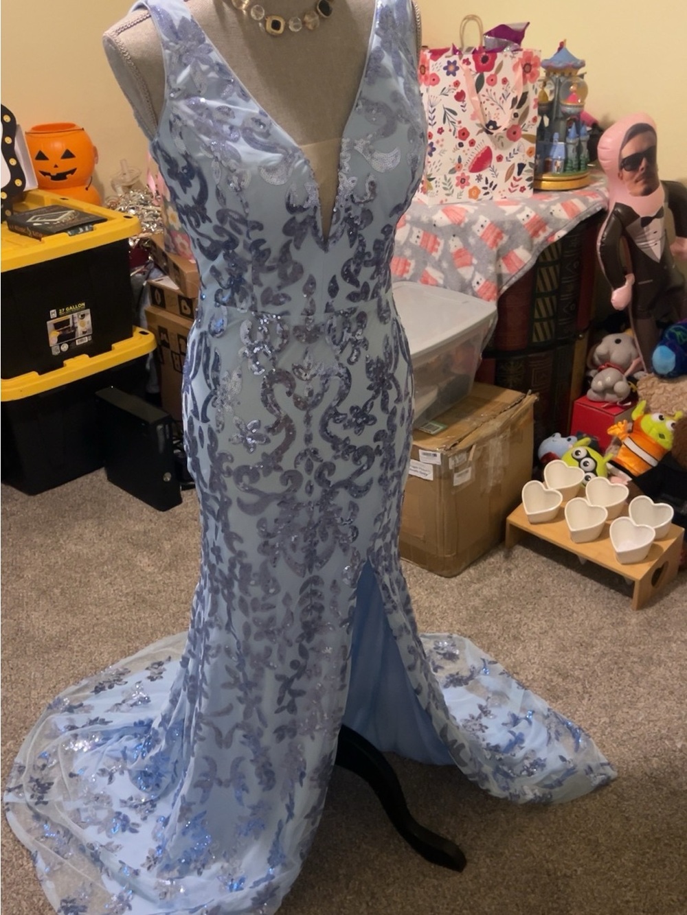 Elegant Light Blue Sequin Embellished Evening Gown